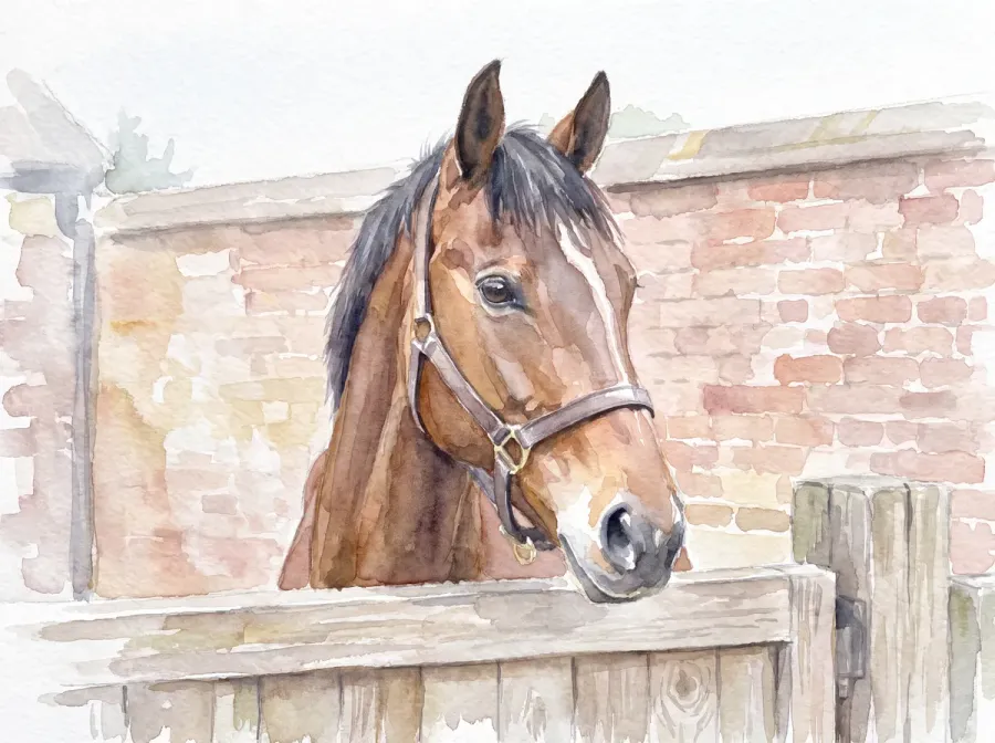 Example: an illustrative image of a bay horse at a stable door, restyled as Watercolour.