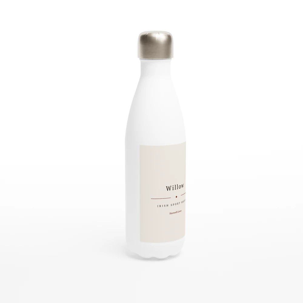 A white 500ml water bottle with a cream panel carrying a name print.
