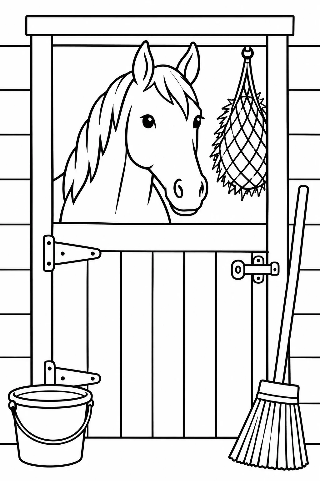Line drawing to colour: a horse looking over a wooden half door, a hay net inside, a bucket and a broom by the door.