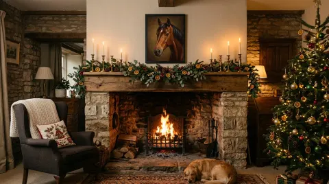A stone fireplace dressed with spruce, oranges and lit candles, a plain black frame above the mantel holding a framed artwork of a bay horse edge to edge.