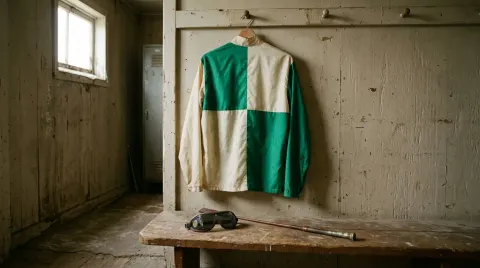 A set of plain racing silks in green and cream hung on a peg in an empty changing room.