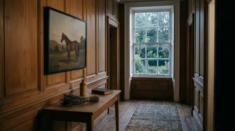 A panelled hallway with a plain black frame holding a framed artwork of a bay horse standing alone in a field, above a console table with dried lavender and a book.