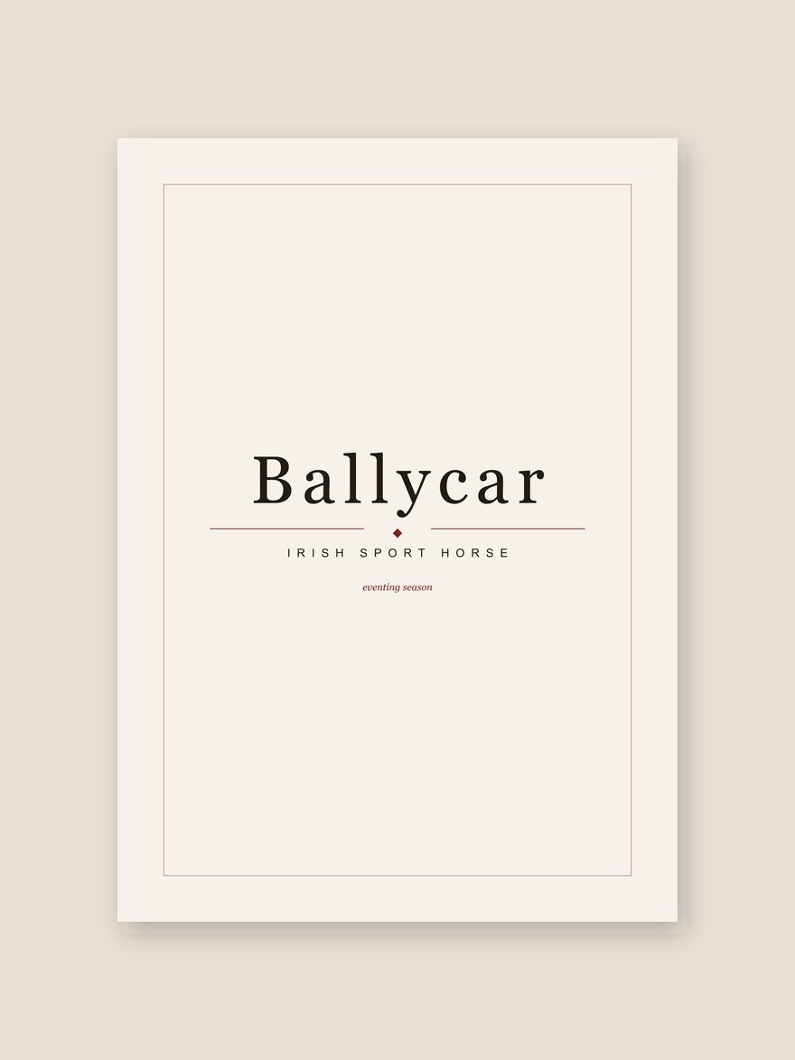 A horse name print reading Ballycar, with Irish Sport Horse set beneath it in editorial type.