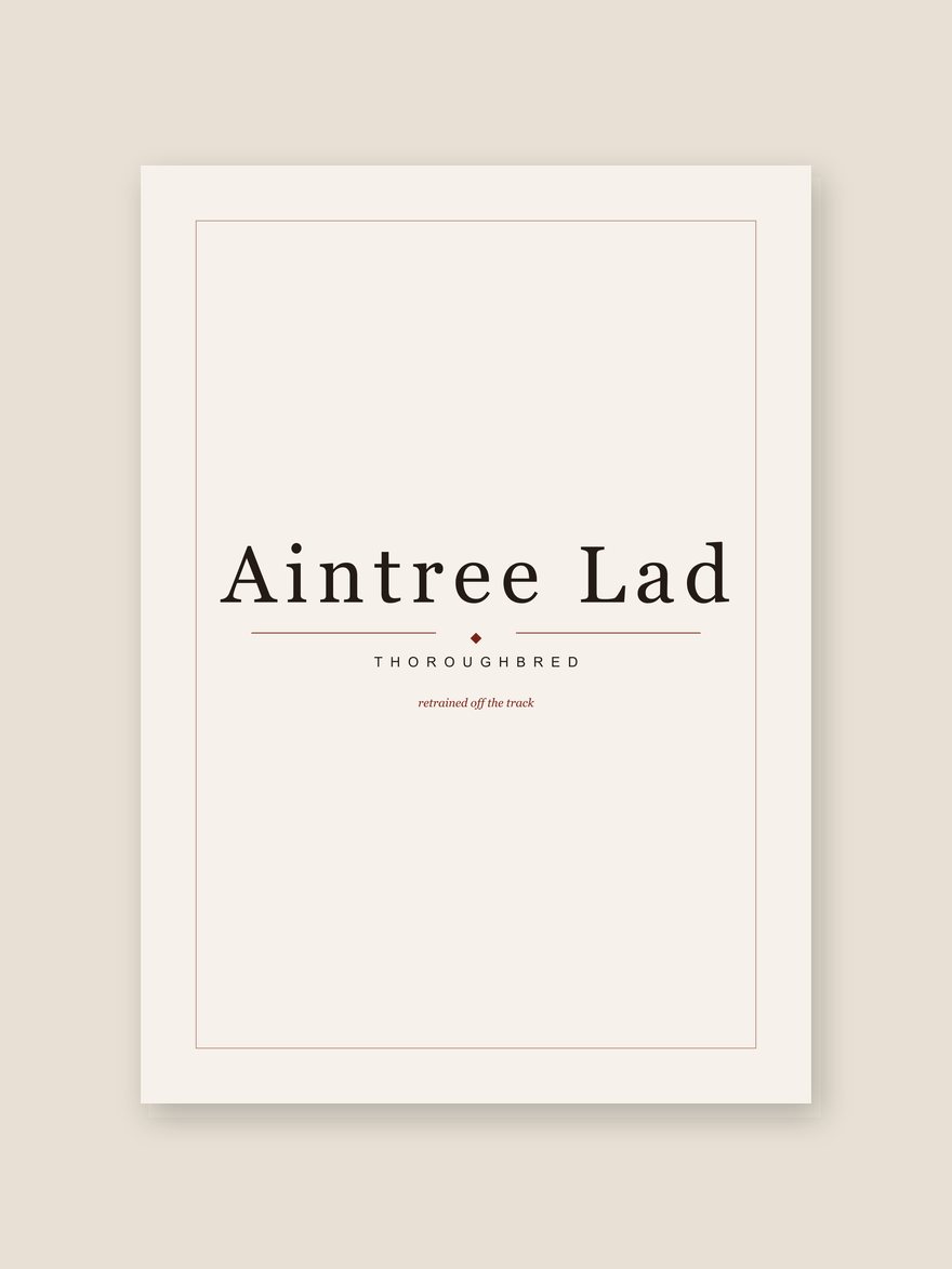 A horse name print reading Aintree Lad, with Thoroughbred set beneath it in editorial type.