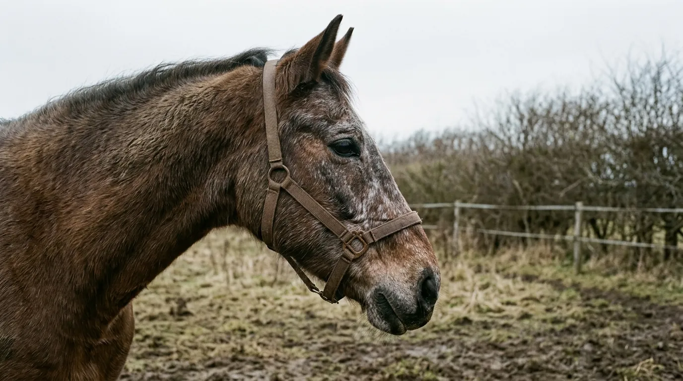 The head of an older horse in low winter light, grey hairs showing around the muzzle and eye.