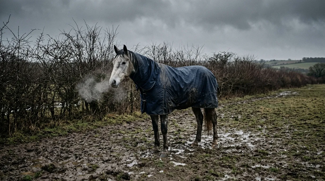 A grey horse in a plain navy turnout rug standing in a wet winter field.