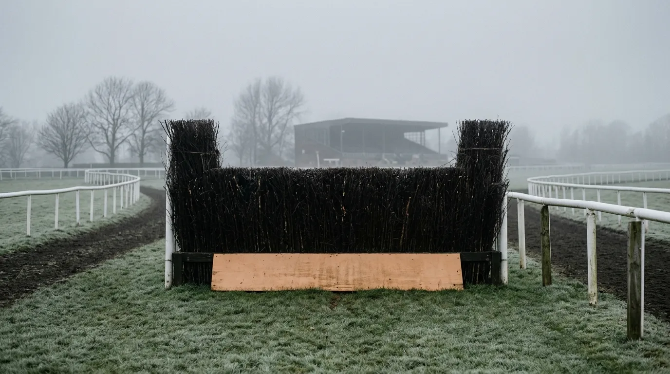 A birch steeplechase fence with a light orange take-off board on an empty racecourse.