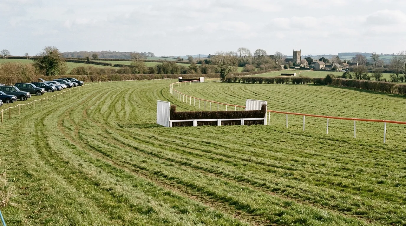 A birch fence and running rail on a point-to-point course laid out across open farmland.