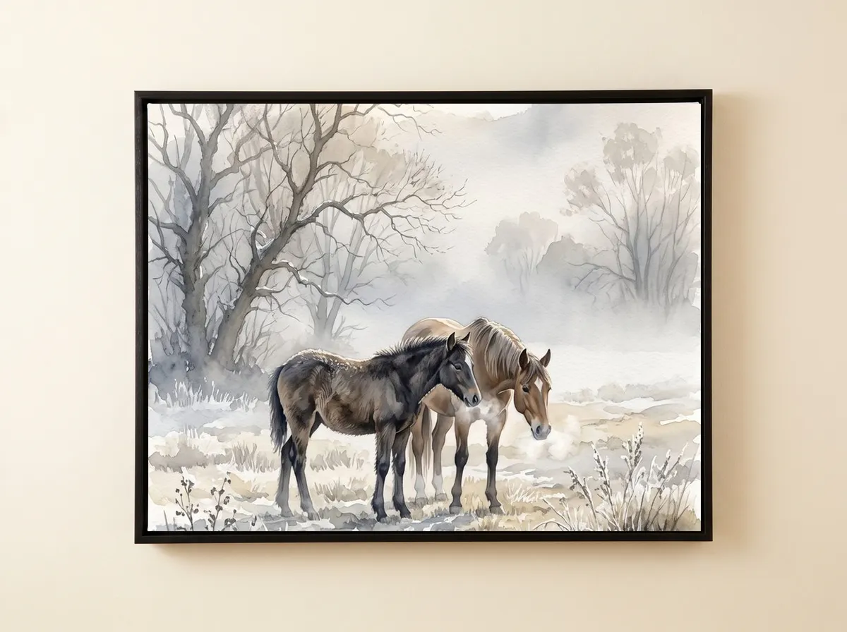Horses in Mist on a black framed canvas: two horses standing in a frosted field among bare trees, breath clouding in the cold.