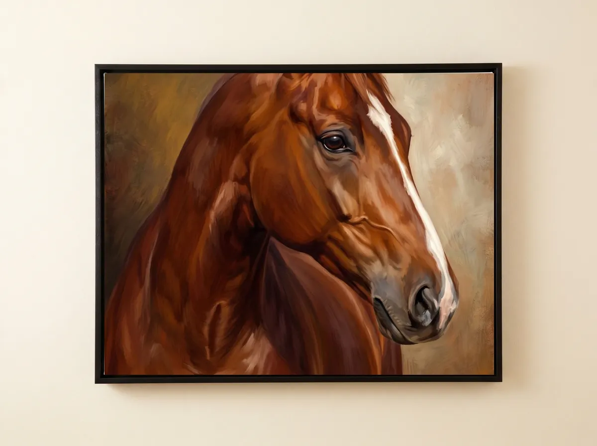 The Chestnut Mare on a black framed canvas: the head and shoulders of a chestnut horse with a white blaze against a warm brown ground.