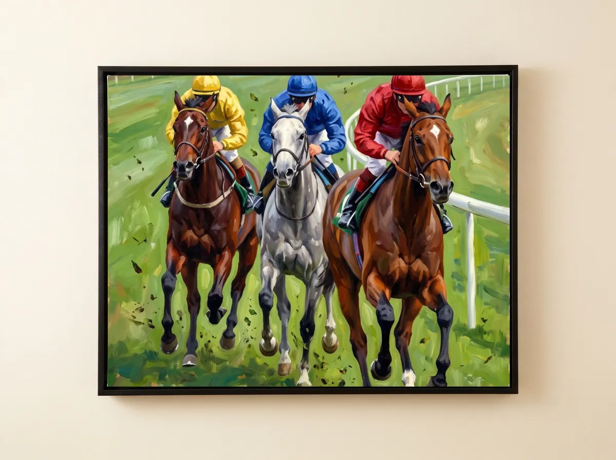 The Final Furlong on a black framed canvas: three racehorses galloping towards you on green turf, jockeys in yellow, blue and red.