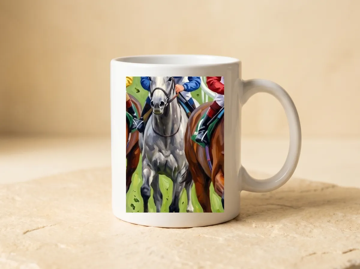 The Final Furlong printed on a white 11oz mug.