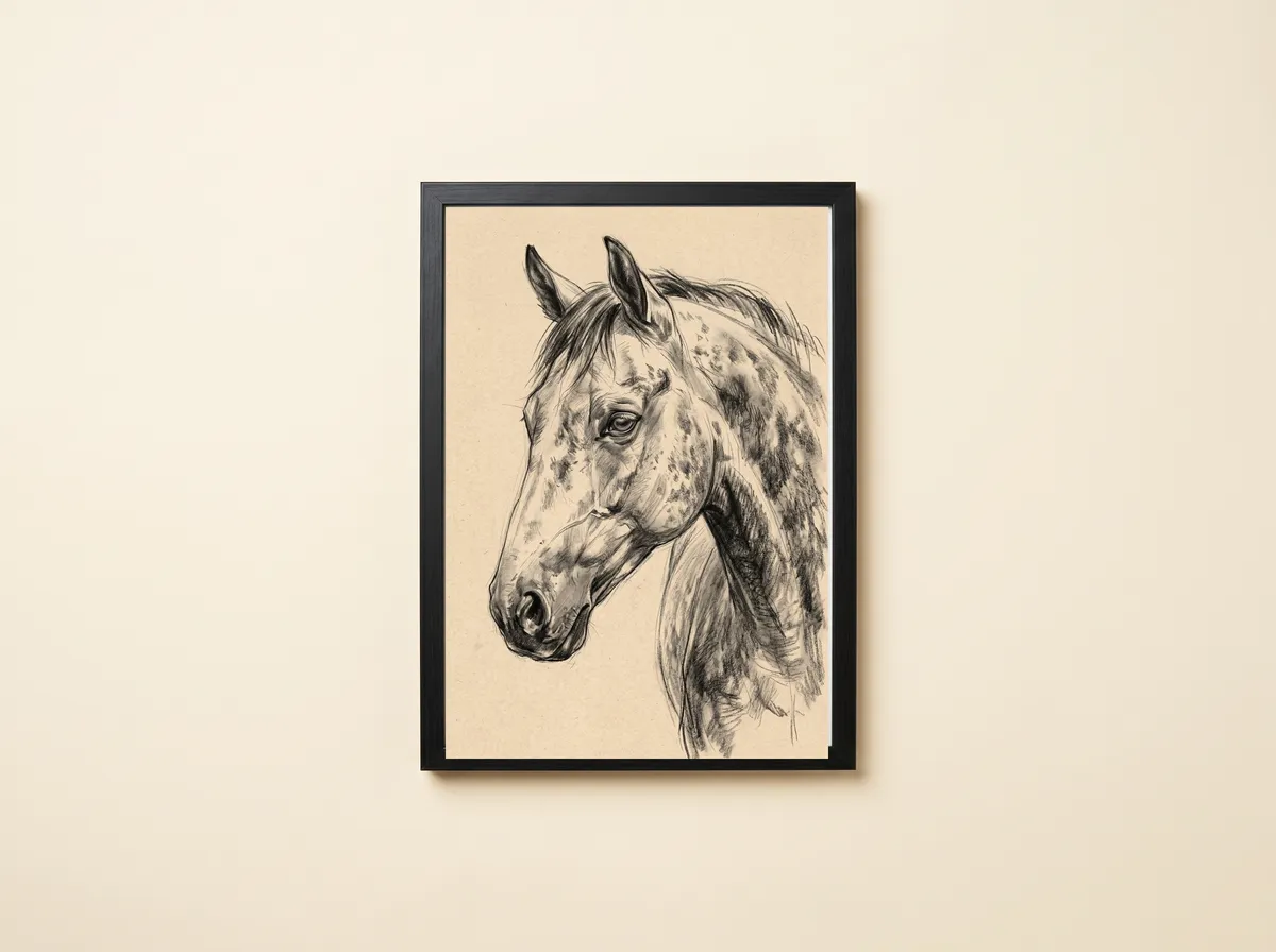 The Grey Hunter as a black framed print: a charcoal drawing of a dappled grey horse&rsquo;s head on toned paper.