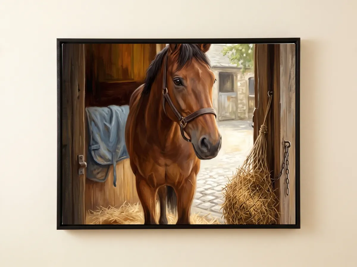The Loose Box on a black framed canvas: a bay horse standing in its stable doorway, a rug over the half-door and a hay net beside it in bright yard light.