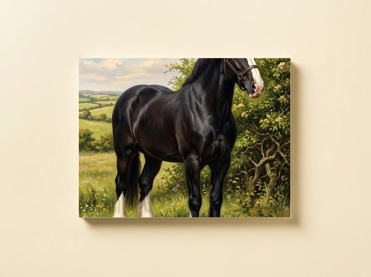 The Shire Horse on a canvas, the meadow scene wrapped over the frame.