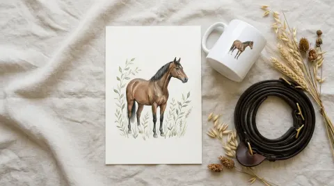 Seen from above on linen: a loose sheet carrying a watercolour of a standing horse, a white ceramic mug printed with a horse, a coiled leather bridle and dried wheat.
