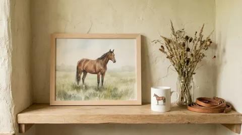 A natural wood frame on a shelf holding a watercolour of a bay horse edge to edge, beside a white mug printed with a horse, a jar of dried grasses and a coiled tan rein.