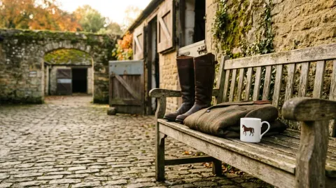A weathered bench outside a stone stable yard holding tall leather riding boots, a folded tweed jacket and a white mug printed with a horse.