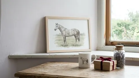A natural wood frame on a windowsill holding a pencil drawing of a dapple grey horse edge to edge, with a white mug printed with a horse, a ribboned box and a jar of lavender below.