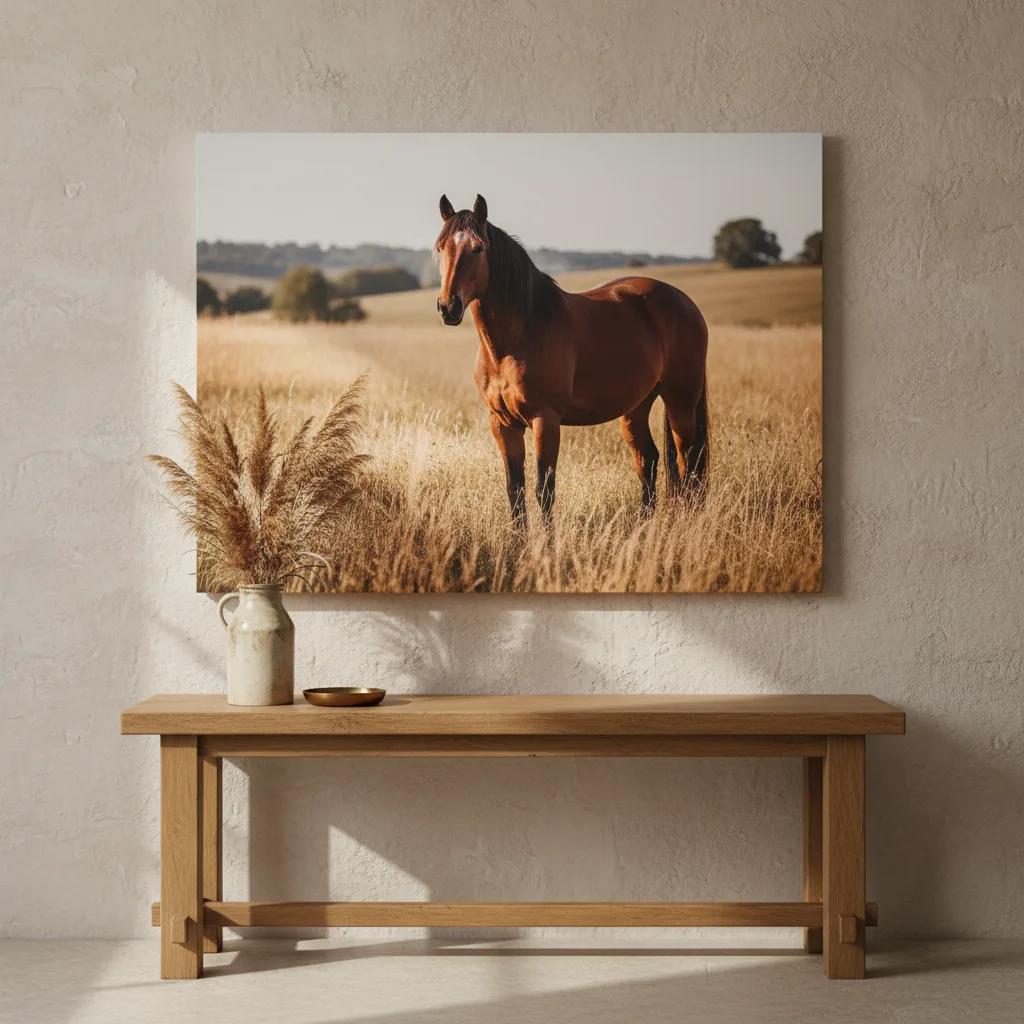 A photograph of a bay horse printed on a gallery-wrapped canvas hung on a pale wall