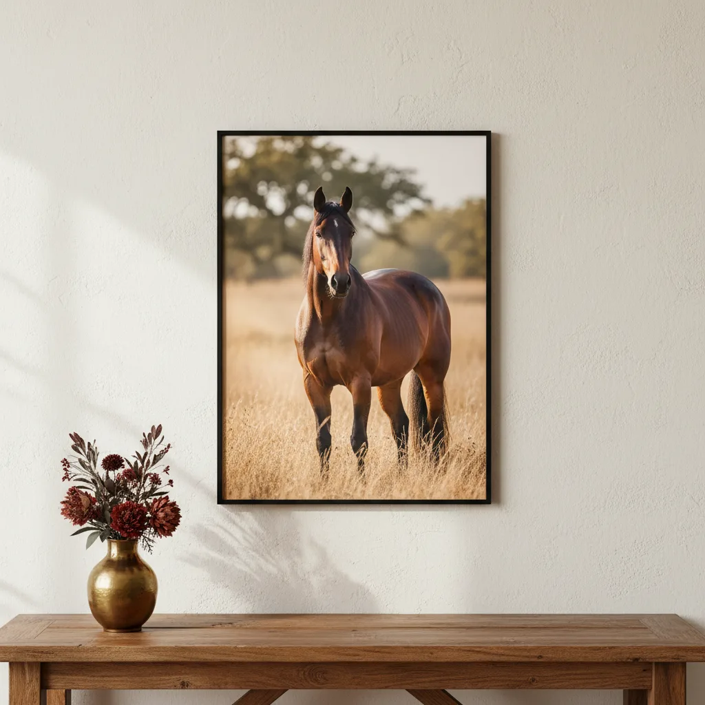 A photo of a bay horse standing in long golden grass, printed and hung in a slim black frame above a wooden bench with a vase of dried flowers.