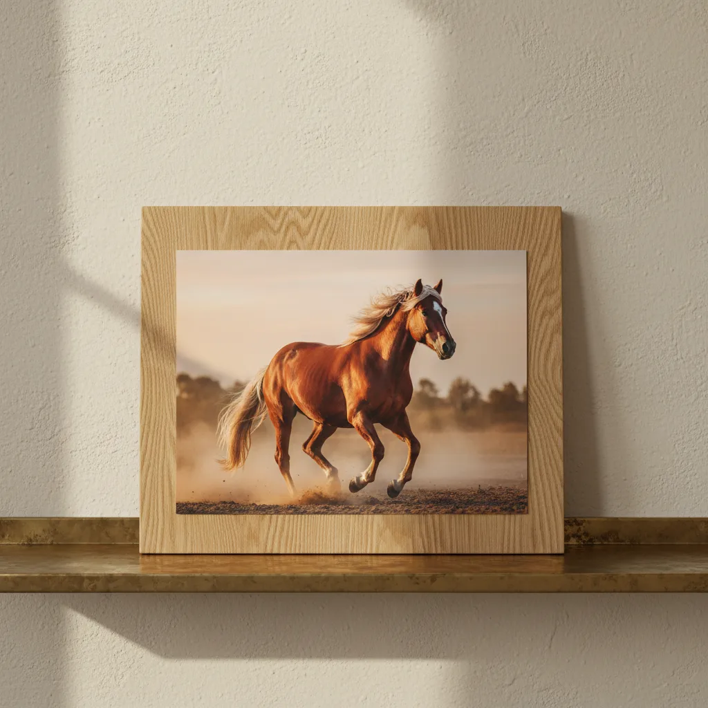 A photo of a chestnut horse galloping through dusty light, printed on a pale wood panel leaning on a shelf.