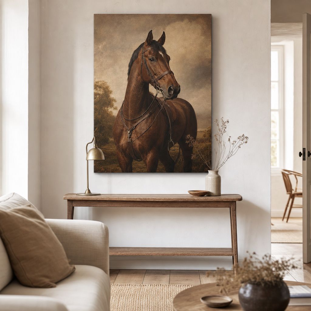 A framed canvas portrait of a bay Irish Sport Horse, three-quarter angle head-and-shoulders, propped on a polished walnut country dresser with a brass oil lamp and leather-bound books to the side.